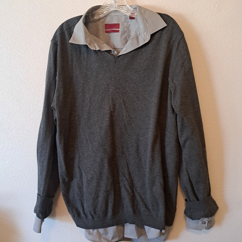Alfani Fitted Shirt and Gap V-Neck Sweater Set Mens Large‎ Gray Micro Check 2pc